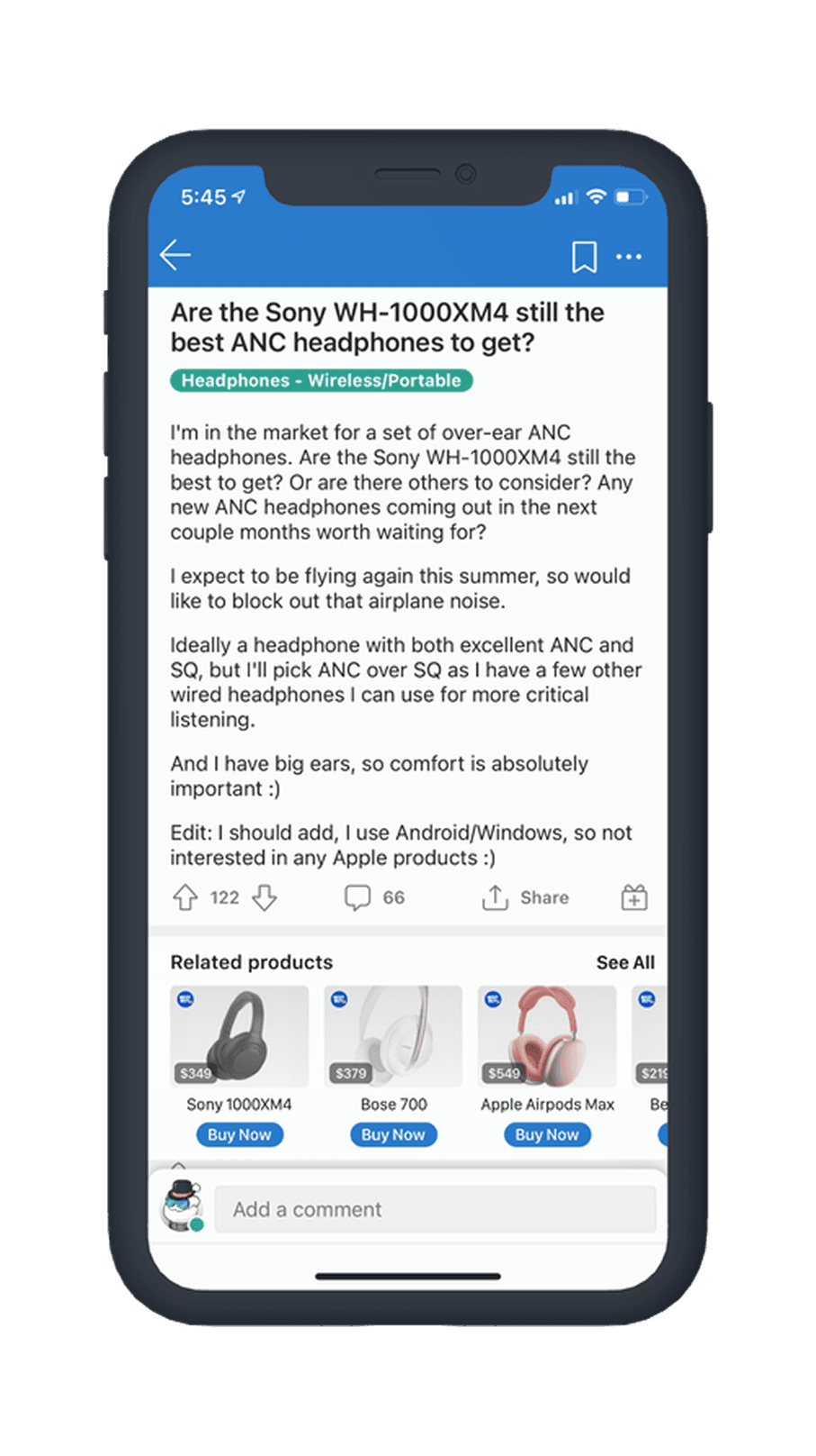 Product recommendation ad based on post content