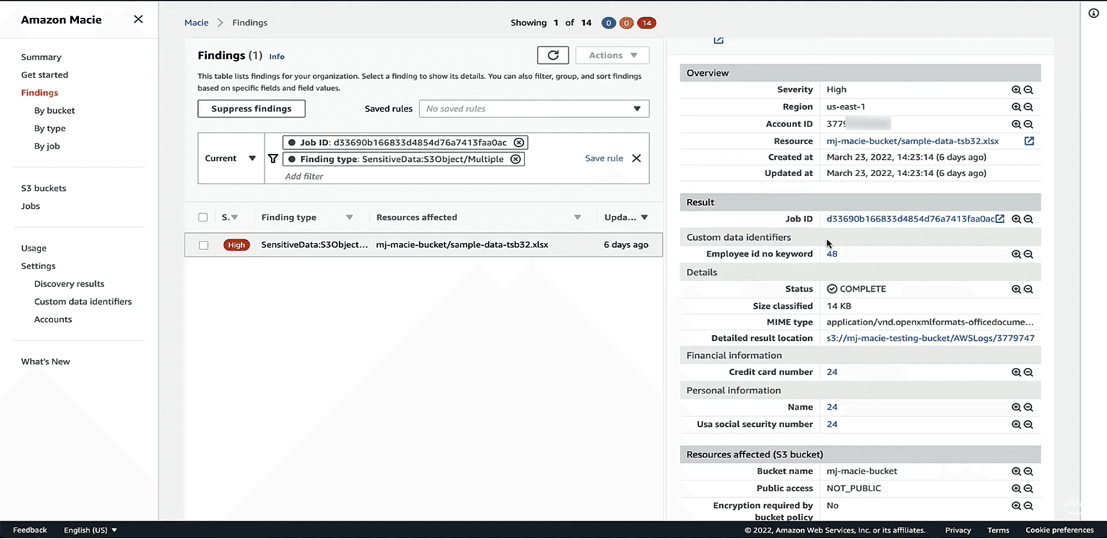 Amazon Macie interface